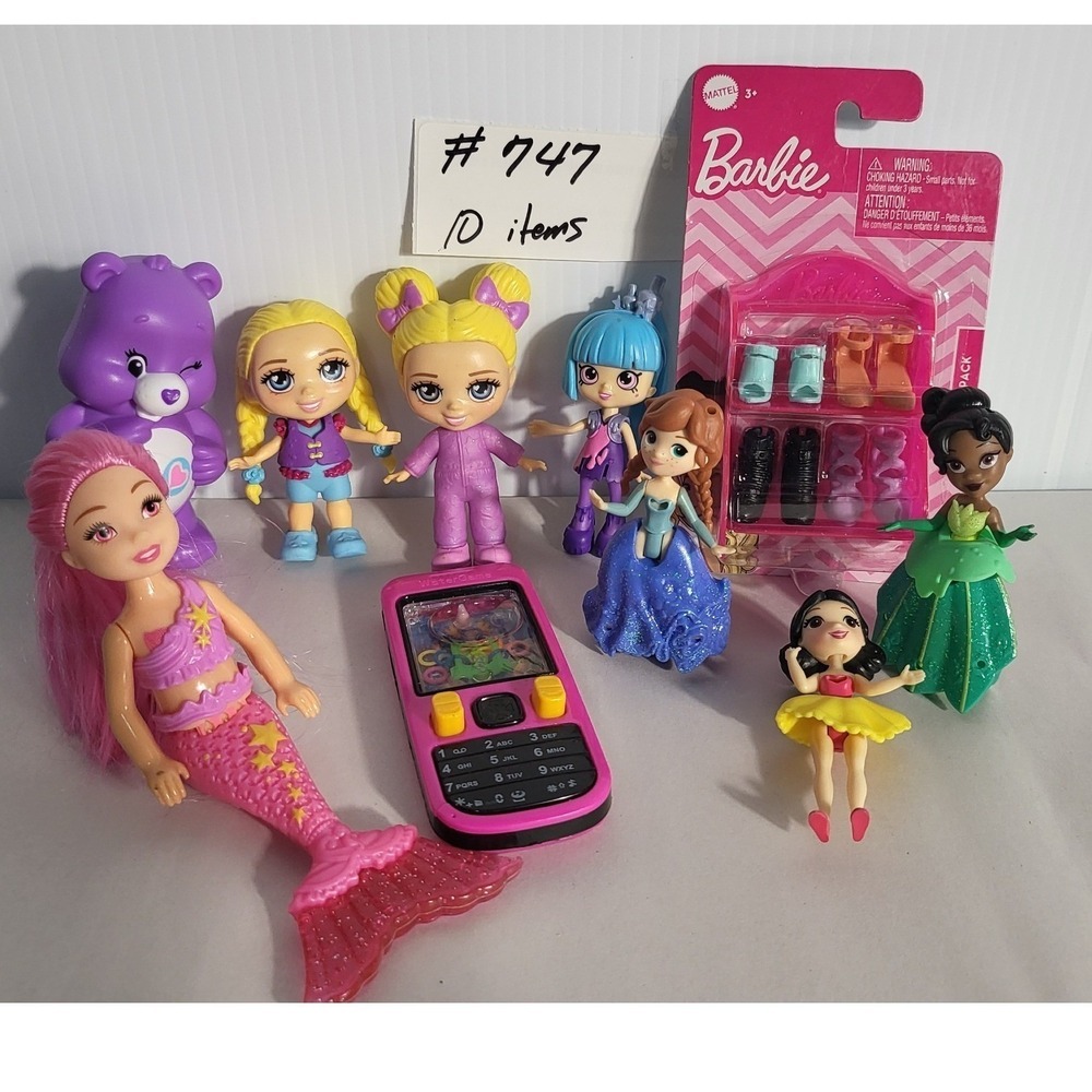 Lot of 10 Dolls Toys: Barbie Extra, Care Bear, Princesses, Mermaid, Cell Phone - Picture 3 of 4